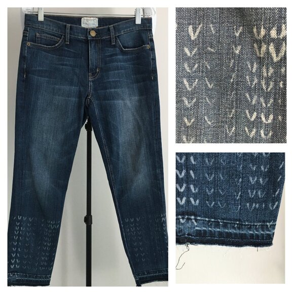 CURRENT ELLIOTT Logo Hardware Dark Wash Print Raw Edge Hem Crop/Ankle Jeans - Picture 1 of 11